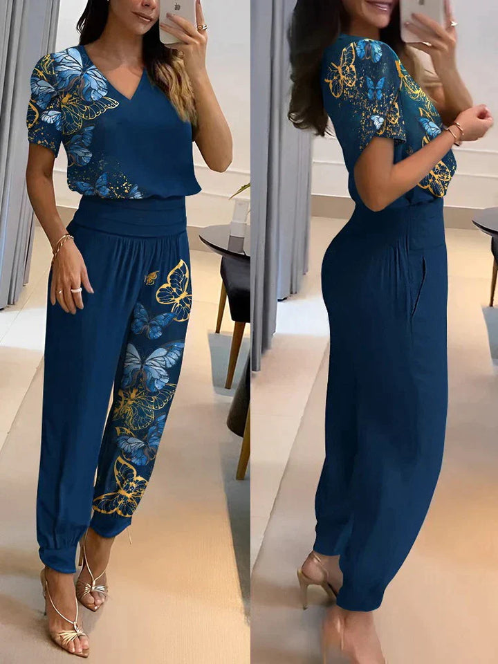 Enes - Two-piece set of V-neck top and shorts for women